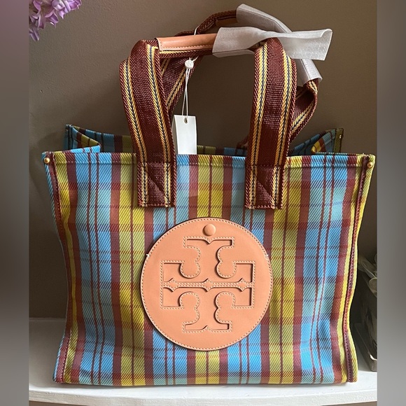 Tory Burch Yellow / Blue Mercado Plaid Ella Mesh Tote Bag - Picture 4 of 12